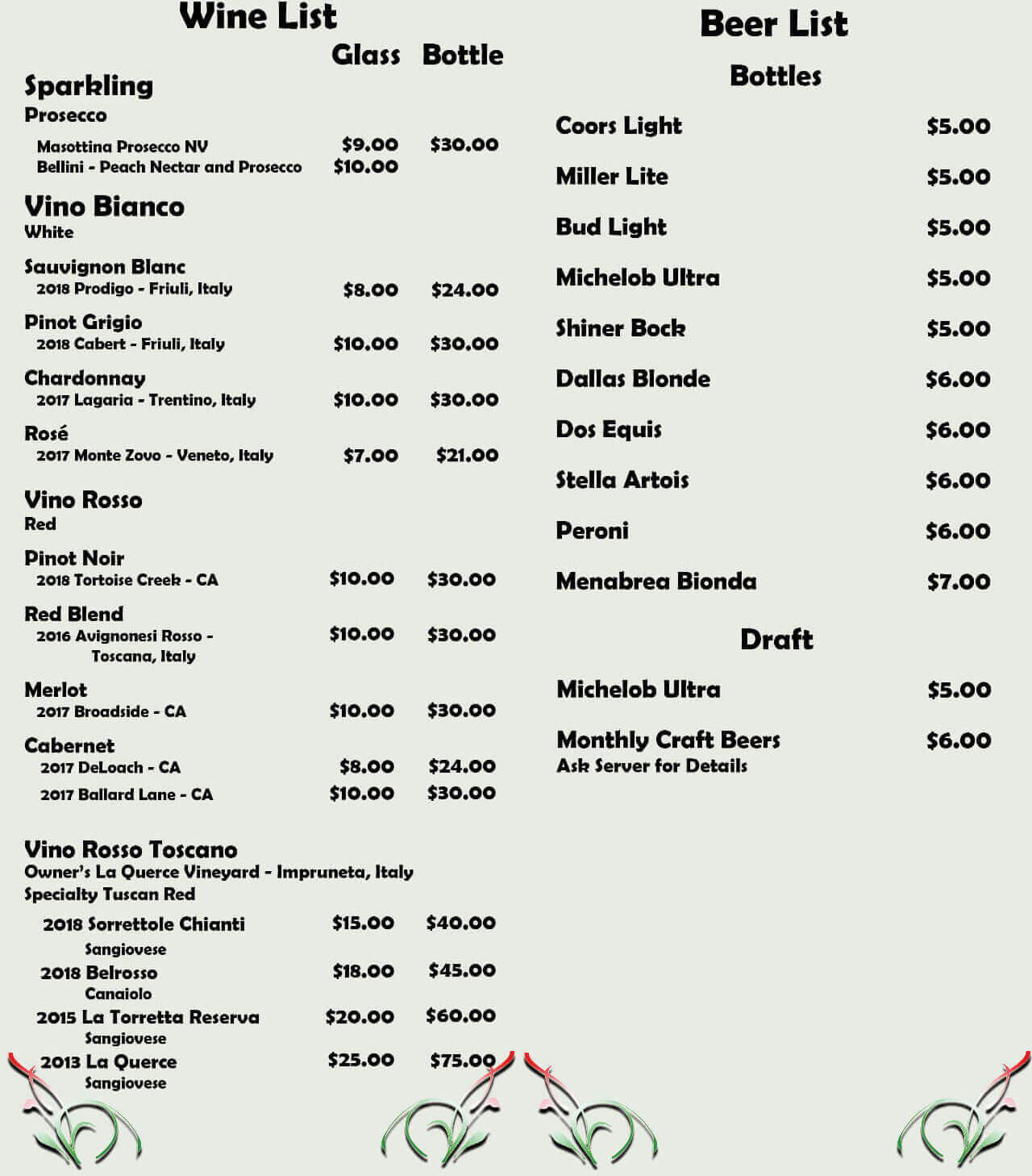restaurant wine list