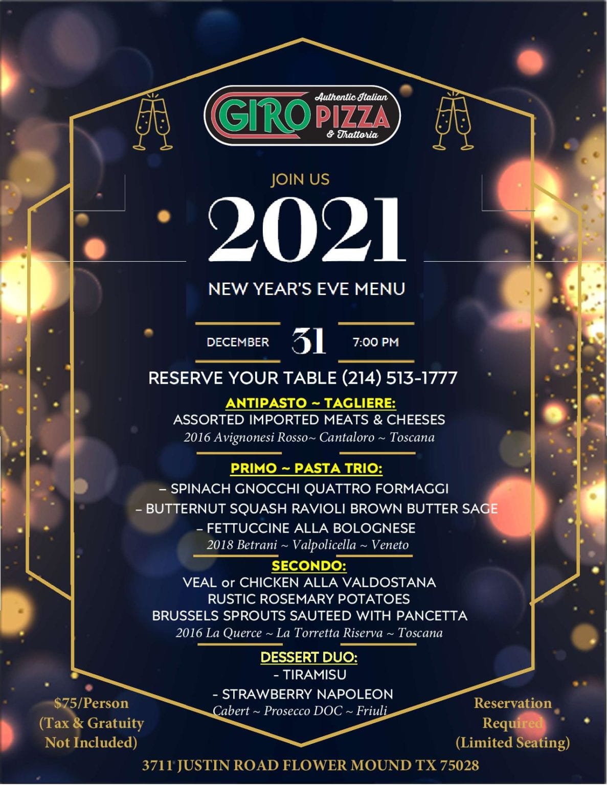 New Year&#039;s Eve Dinner - GiroPizza | Authentic Italian Restaurant | Flower Mound / Highland Village